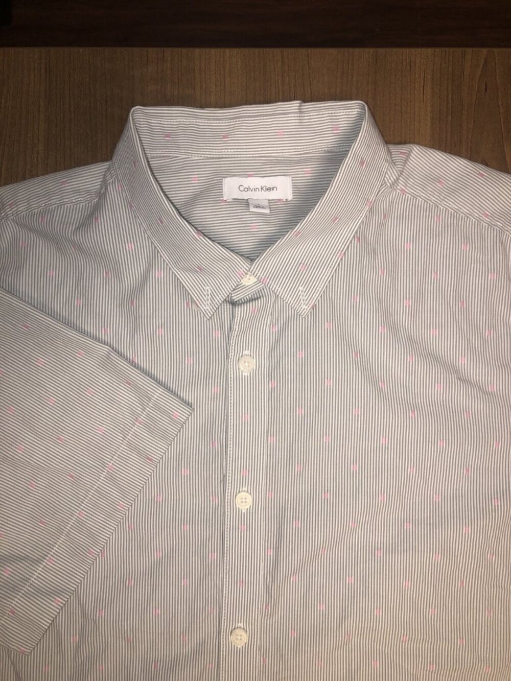 Calvin Klein Mens Shirt White Size L Printed Button Up Short Sleeve Pink Print